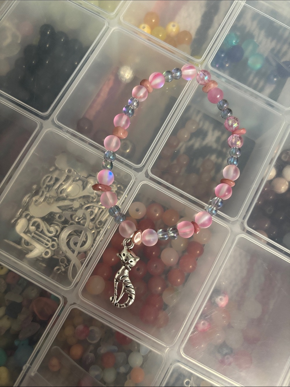 Pink iridescent cats handcrafted bracelet by me